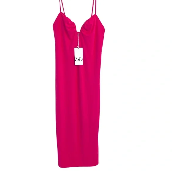 Zara Dark Pink Spaghetti Strap Bustier MIDI Dress Size S NWT - Picture 5 of 9